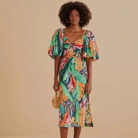 Farm Rio - Tropical Banana Foliage Midi Dress Small - Picture 1 of 6